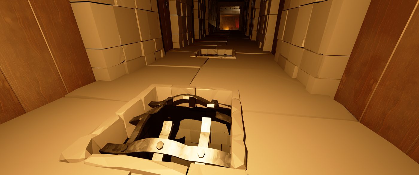 A dungeon corridor seen from above, with a hatch in the floor opened to reveal a mechanism below