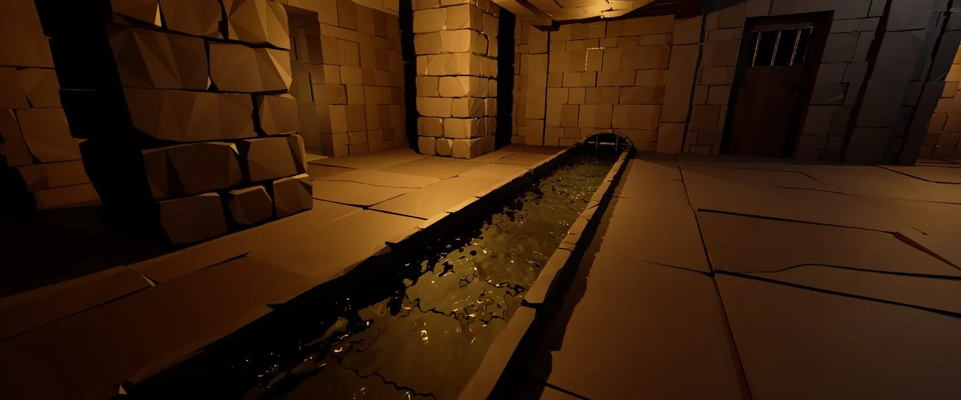 Un canal de pierre traversant un couloir de donjon