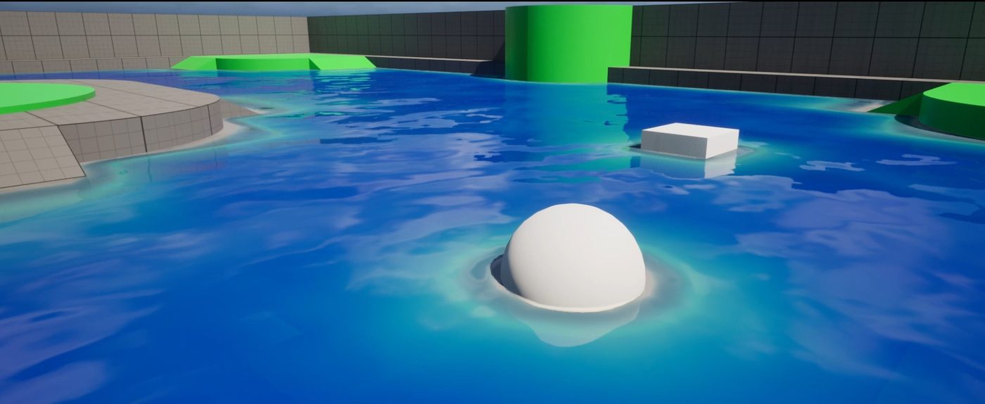 A stylised lake surface with objects half-submerged