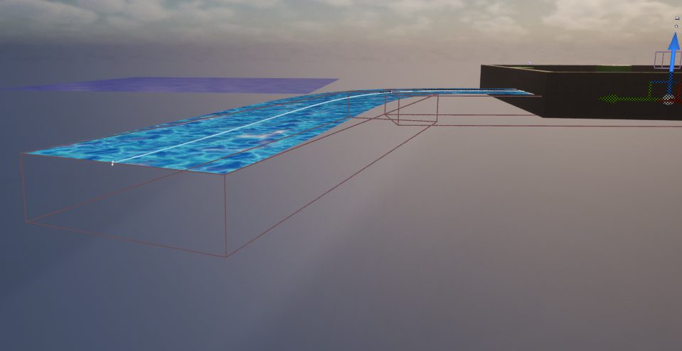 A spline-based river flowing from a platform, with its per-segment collision volume shown as a wireframe box