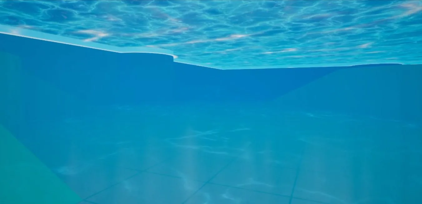 Vue vers la surface depuis sous l’eau à Eldoria, une lumière bleue onirique