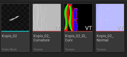 Baked Curvature, ID (RGB) and Normal maps for a Kopis blade in Unreal Engine