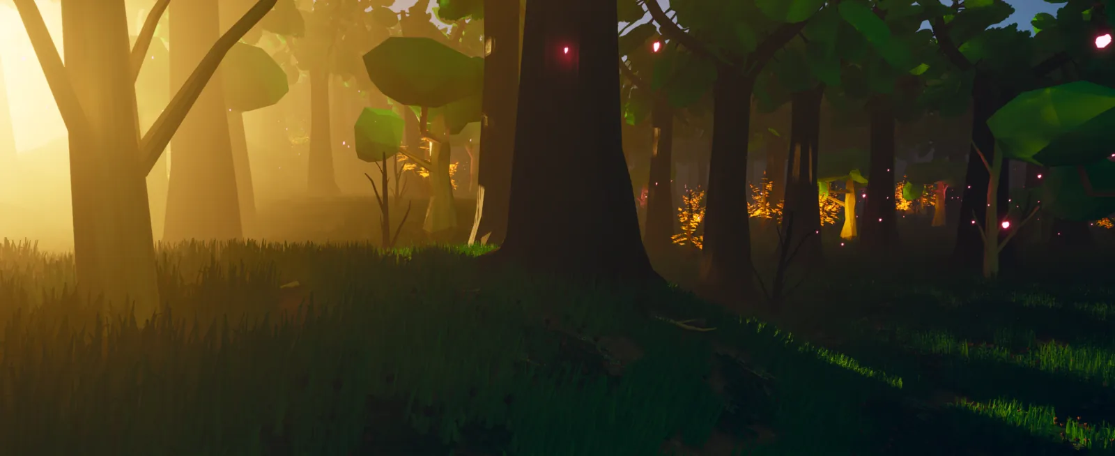 Une forêt brumeuse d’Eldoria au crépuscule, lumière dorée et particules lumineuses dérivant entre les arbres