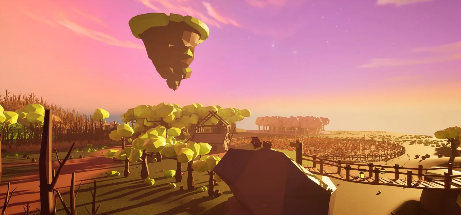 A floating island under a peach-pink sky — Eldoria