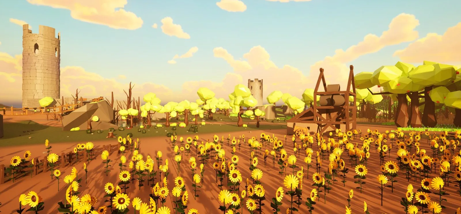 The Sanctuary of Eldoria — a field of sunflowers, stone towers and yellow-green trees